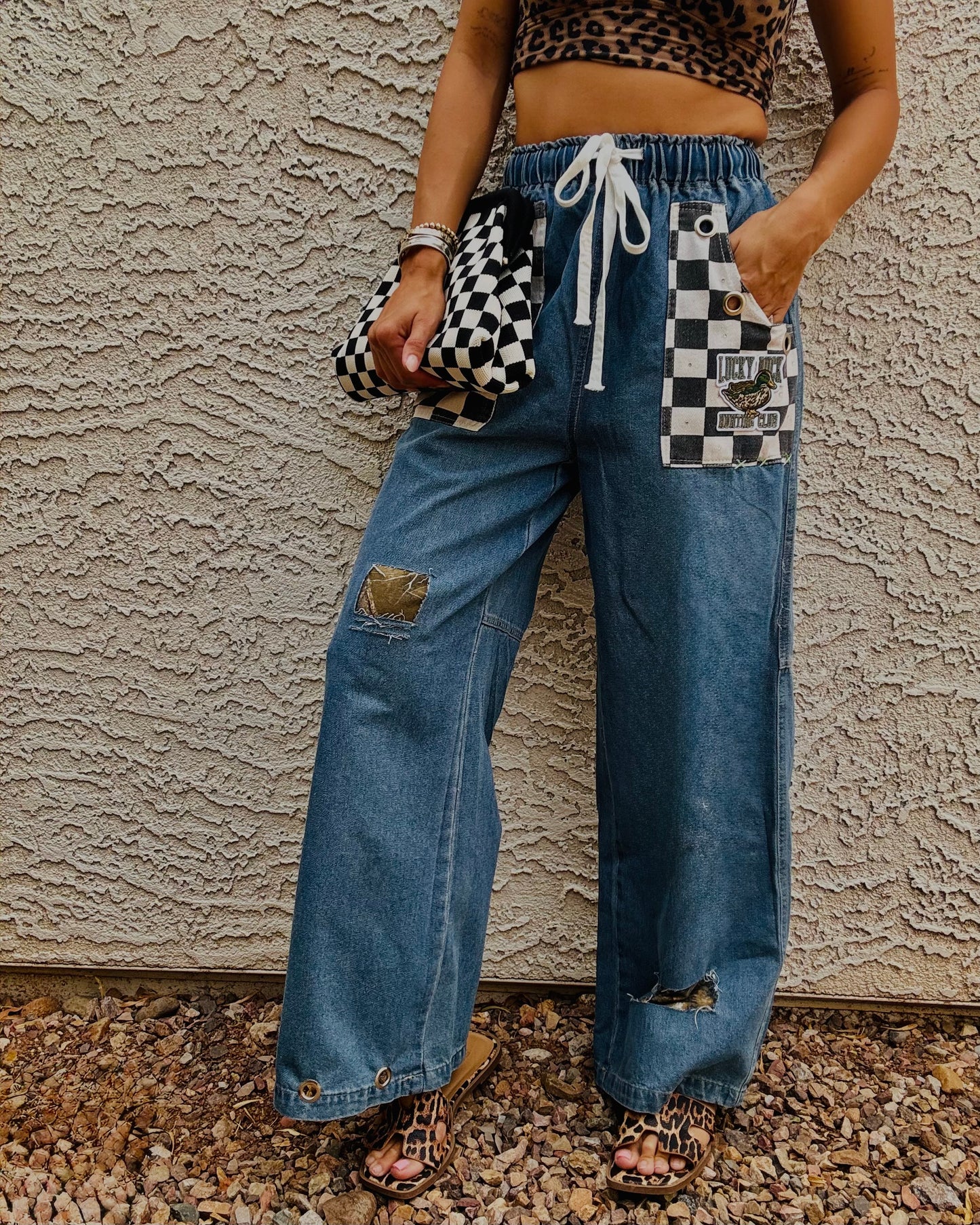AUG- LUCKY DUCK CAMO REWORK WIDE LEG LIGHT DENIM- SIZE MEDIUM ELASTIC WAIST BAND AND DRAW STRING