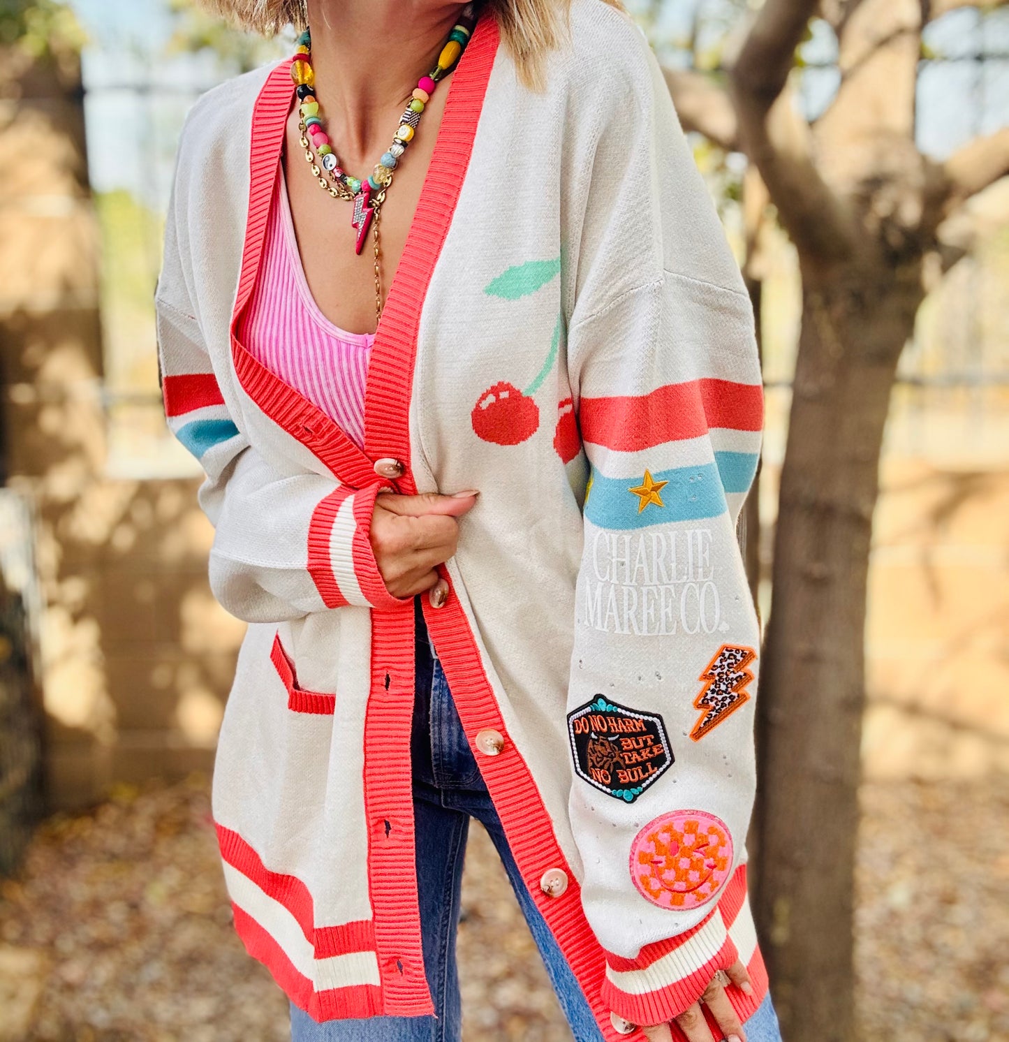 NC-CHERRY BOMBER CARDIGAN + do you no harm take no bull +MEDIUM