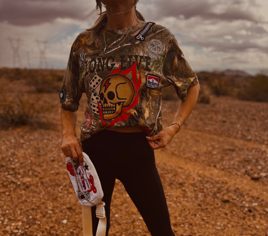 VT- LONG LIVE RAD WOMEN rhinestone skull bike babe patches - REALTREE CAMO TSHIRT