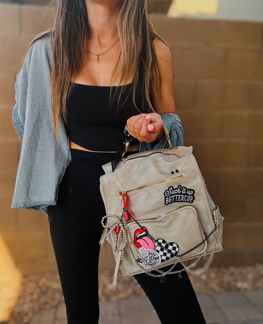 HA- day you deserve suck it up buttercup  -stone grey *PAYSON BAG**
