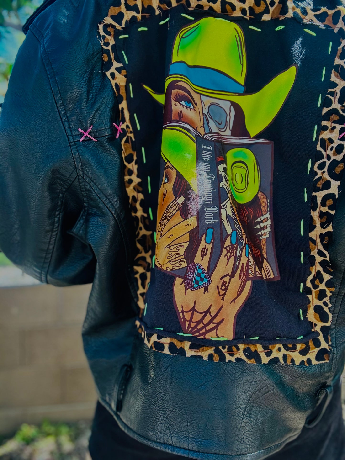 CD-neon book baddie  - Size MEDIUM loose crop leather jacket