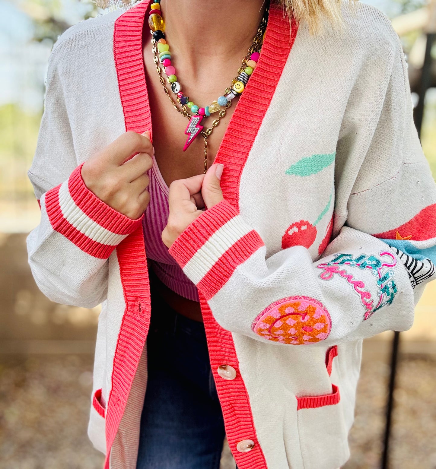 NC-CHERRY BOMBER CARDIGAN +thrift queen smiley + MEDIUM