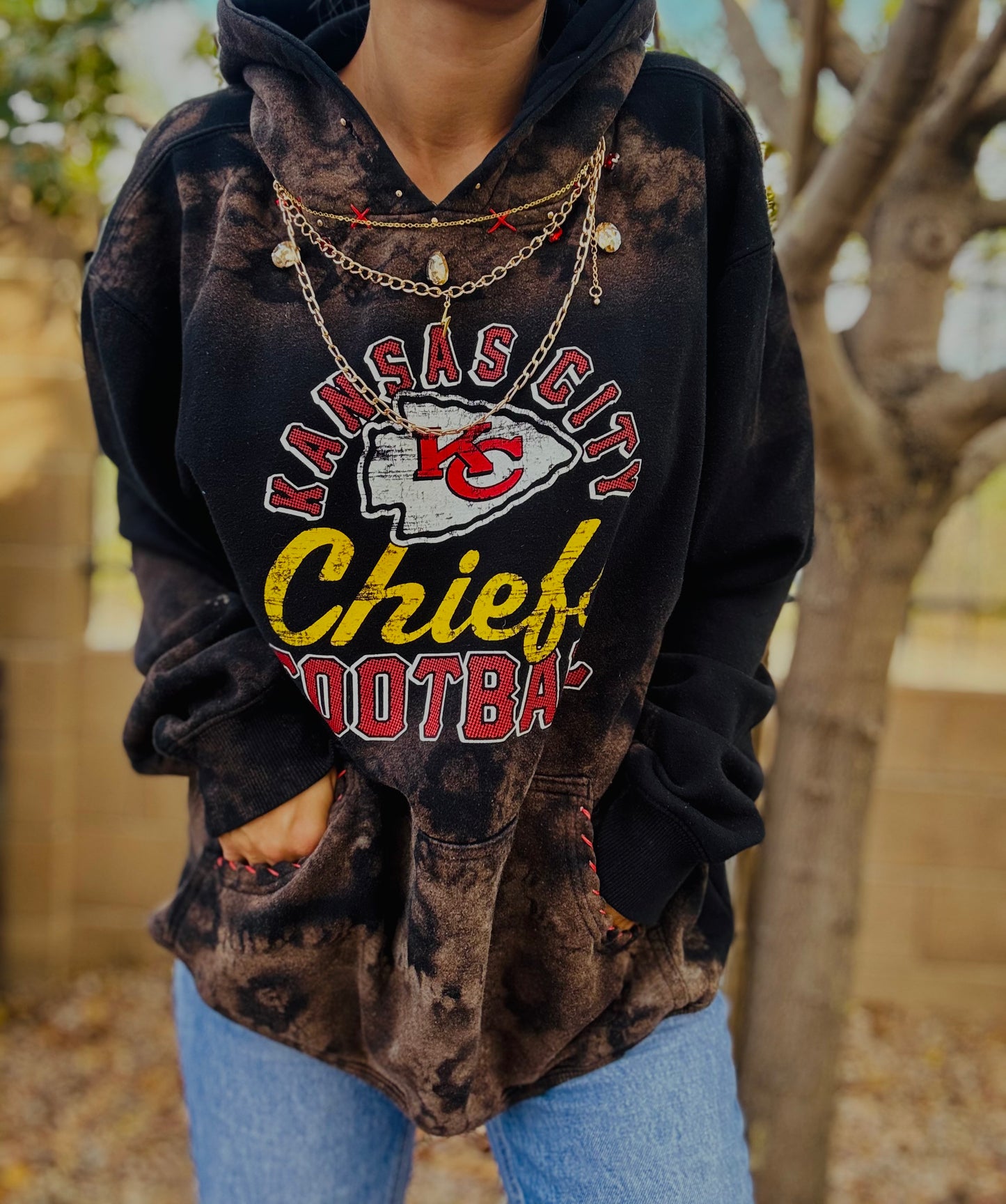 CD- NECKLACE HOODIE RED AND GOLD FOOTBALL BABE  - lace vintage wash+ Men’s unisex size MEDIUM- Cut off bottom band hem