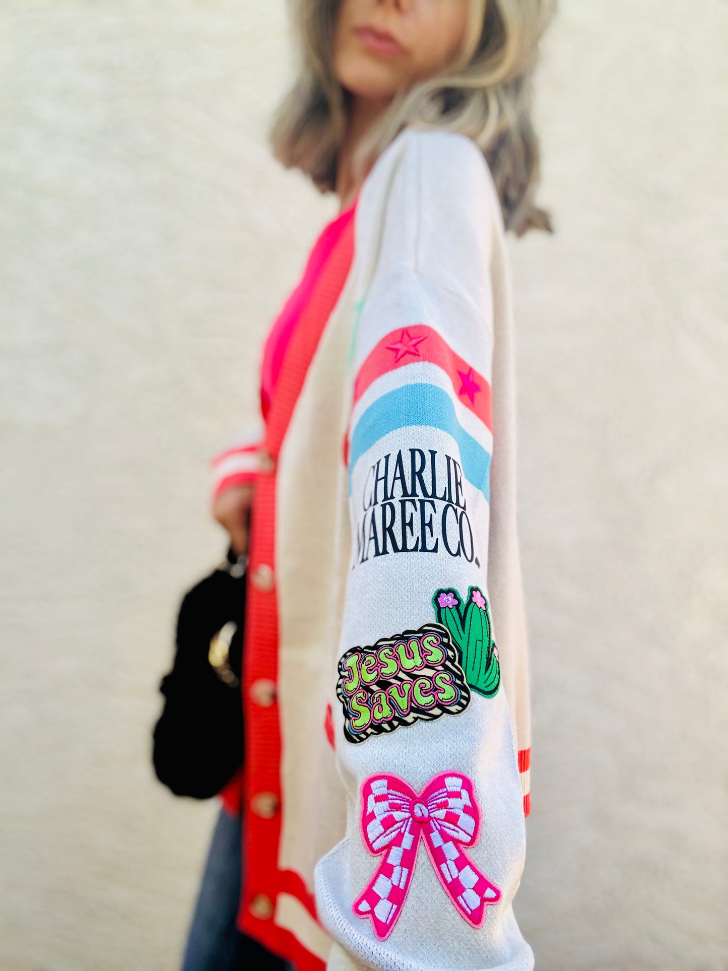 BBH-CHERRY BOMBER CARDIGAN +jesus saves retro +￼ CM CO. babes
