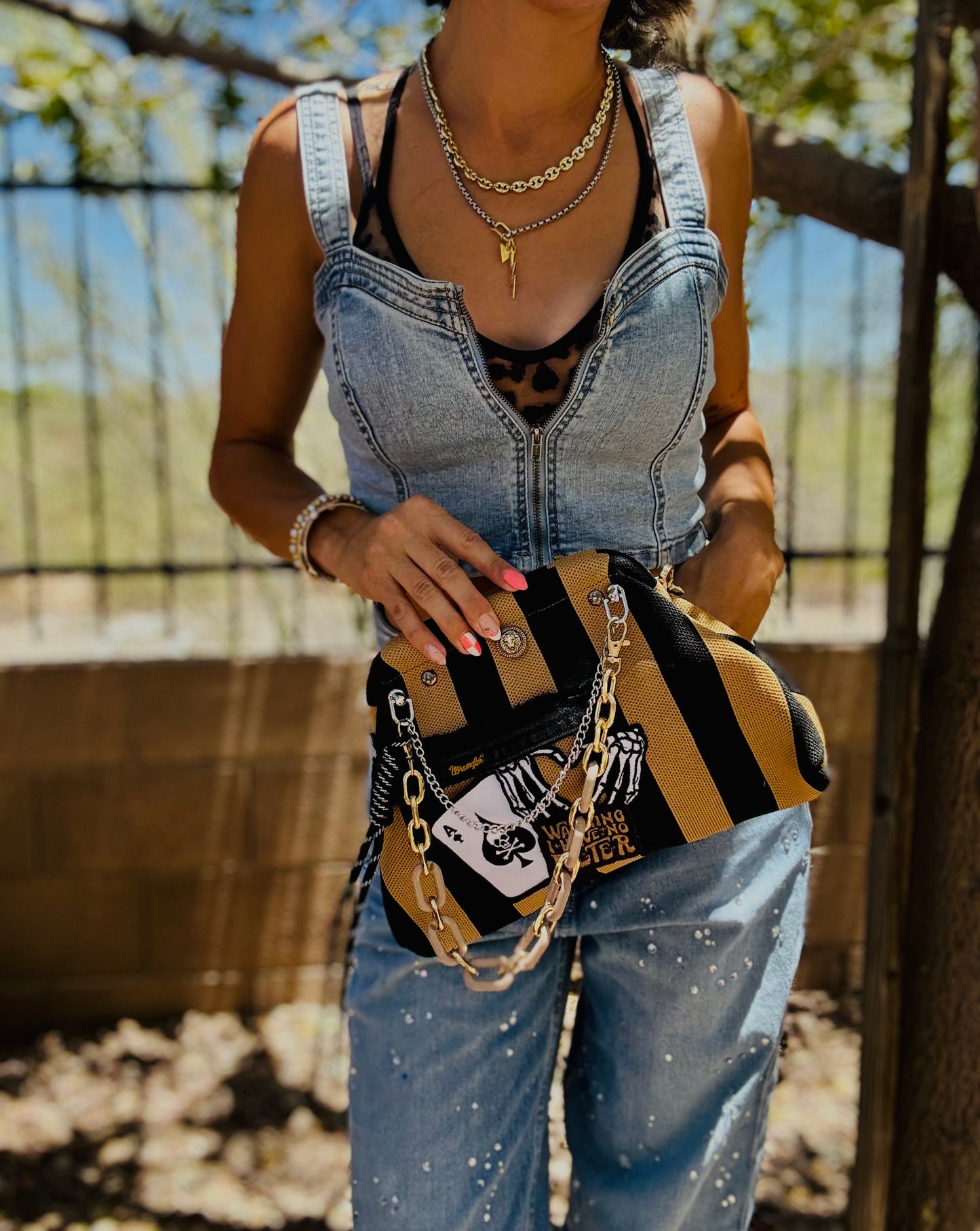 RG-warning I have no filter +wrangler denim patch work ++tan and black stripe LIZZIE KISS CLUTCH￼** WITH STRAP