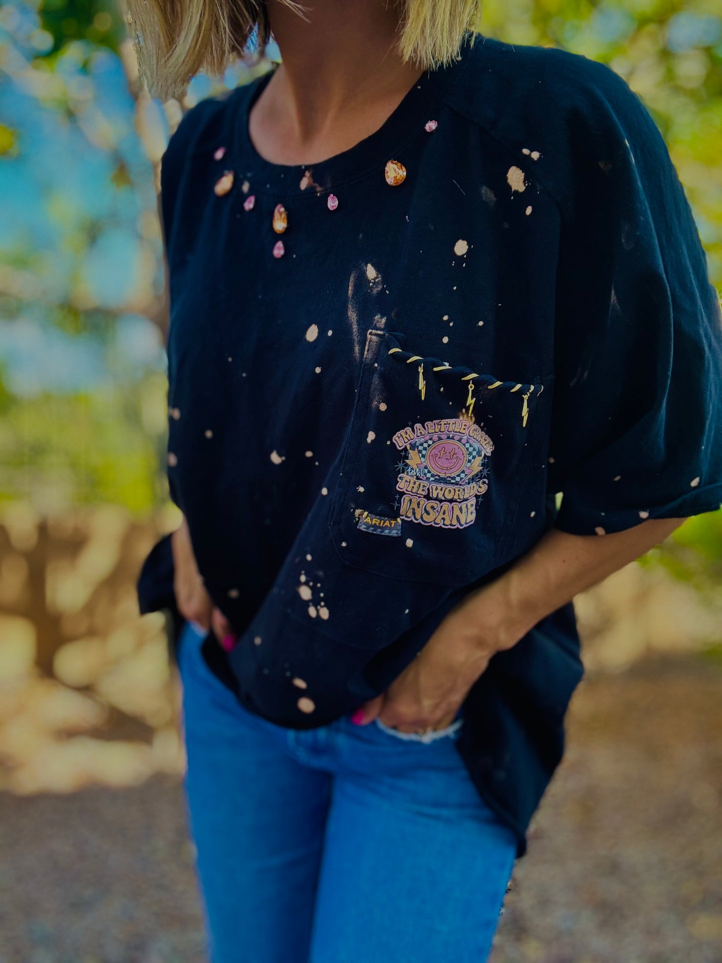 TEE-RHINESTONE I’m a little crazy but the worlds insane  - slit 1/2 back chain work rhinestoned collar lightning bolt charm pocket stitched rhinestones HUSBAND POCKET TEE XL
