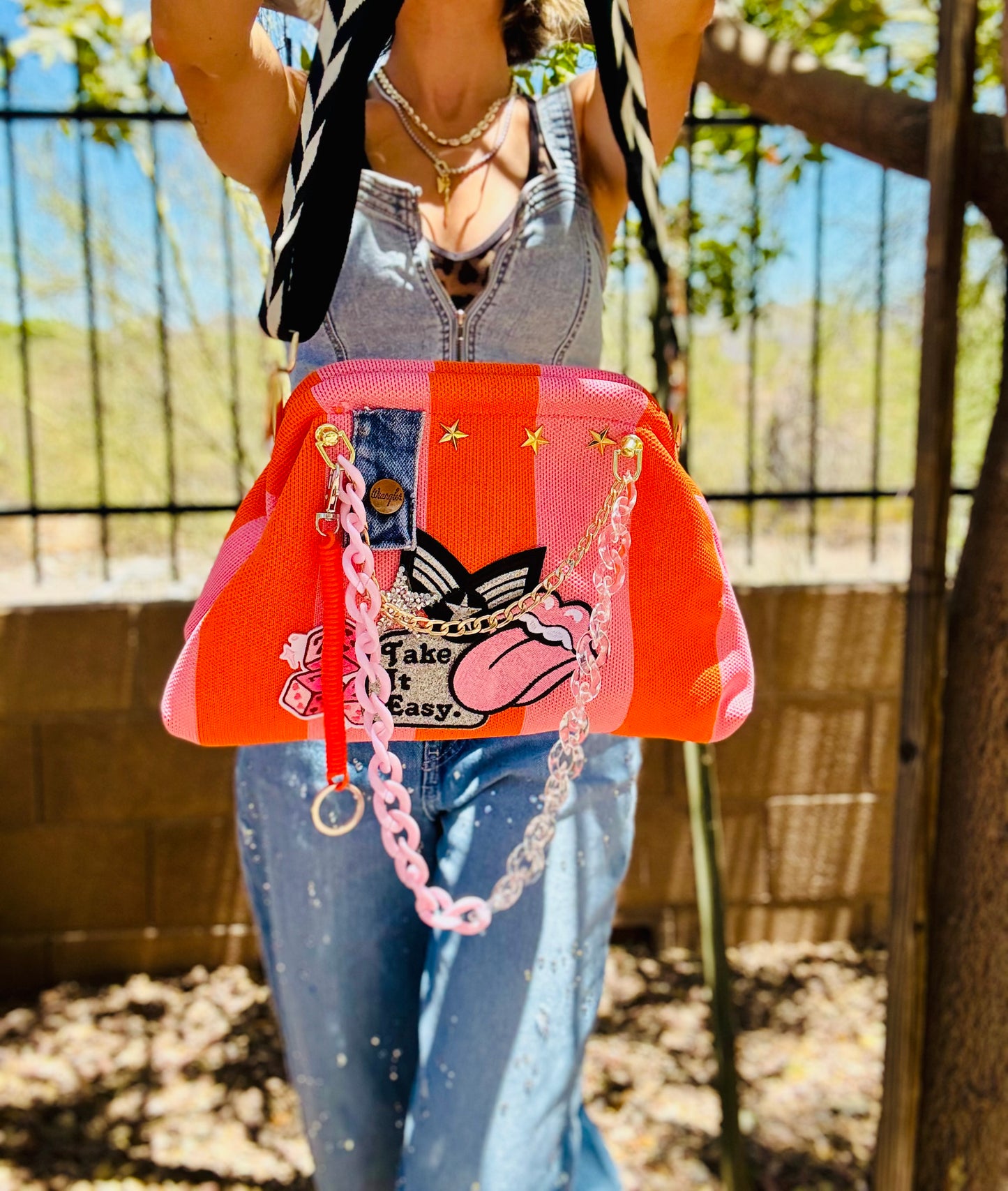 RG-take it easy wrangler denim patch work  +** pink and orange stripe LIZZIE KISS CLUTCH￼** WITH STRAP