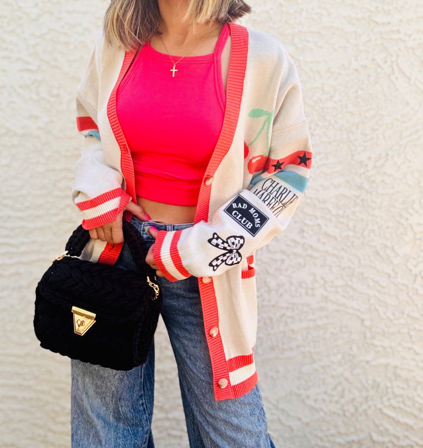 BBH-CHERRY BOMBER CARDIGAN + rad mom club +￼ CM CO. babes