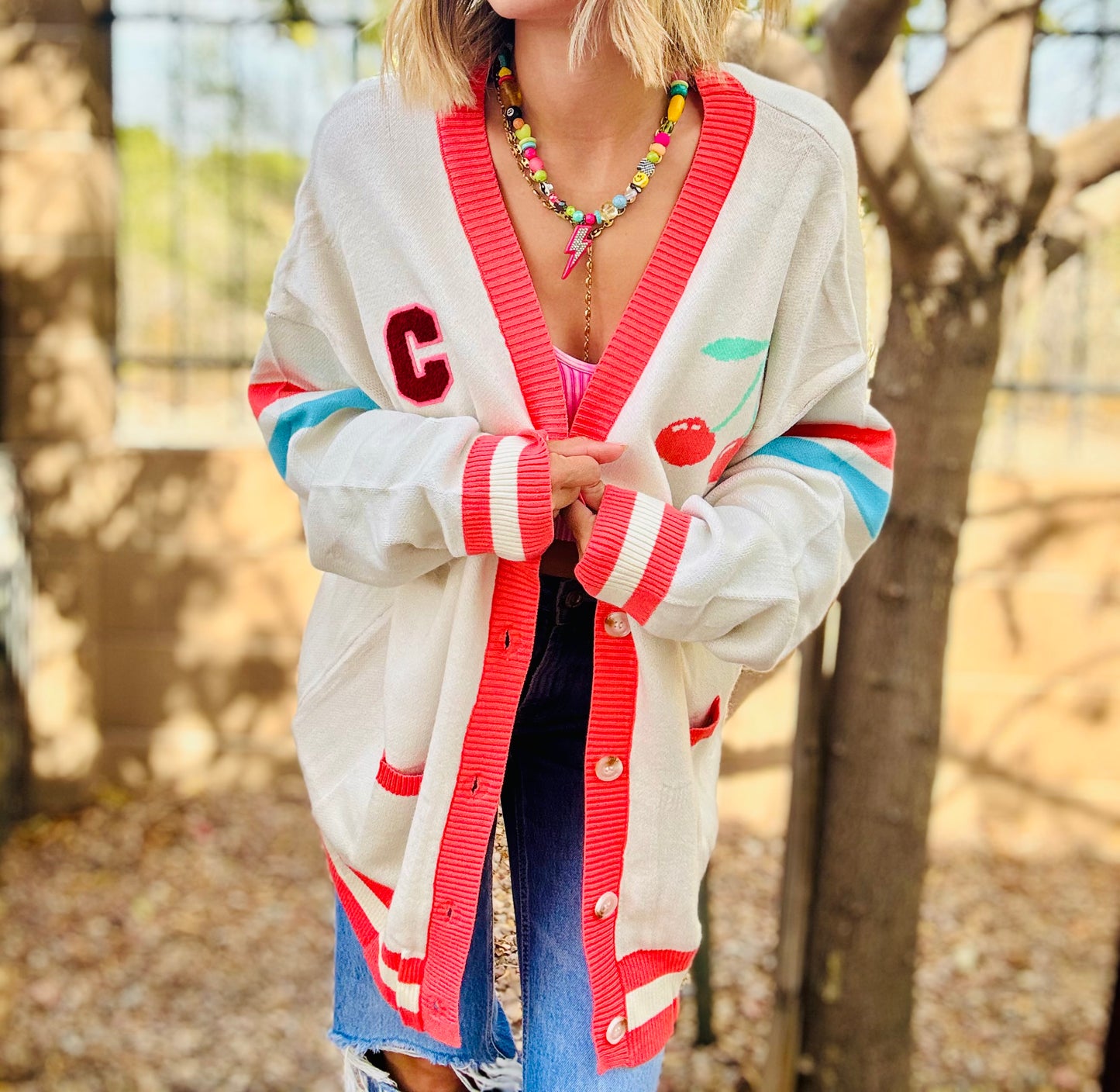 NC-CHERRY BOMBER CARDIGAN + CM CO. cherry letterman +LARGE