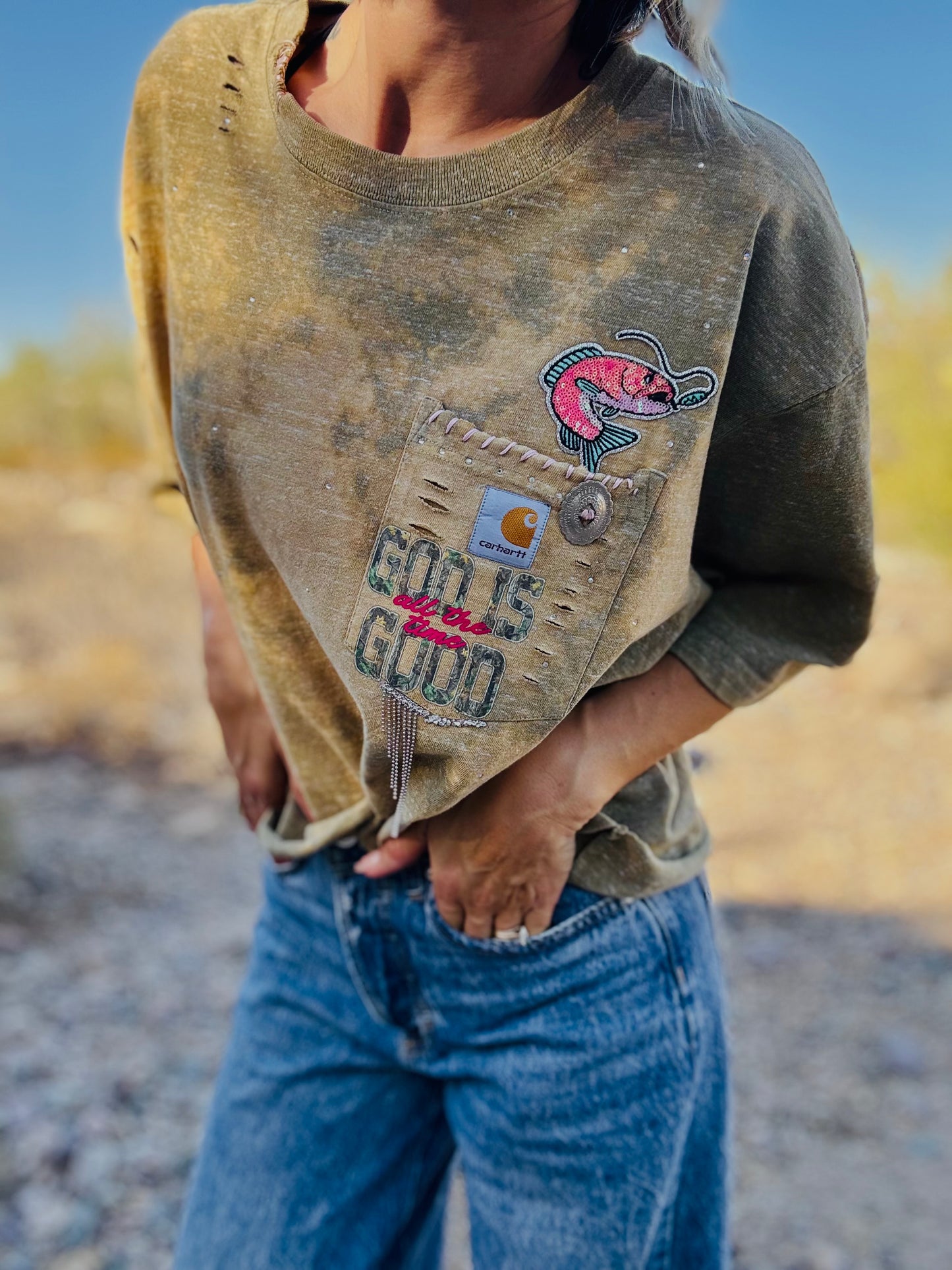HD-bass fish god is good camo   - sage DISTRESSED POCKET SHIRT - MENS LARGE CUT