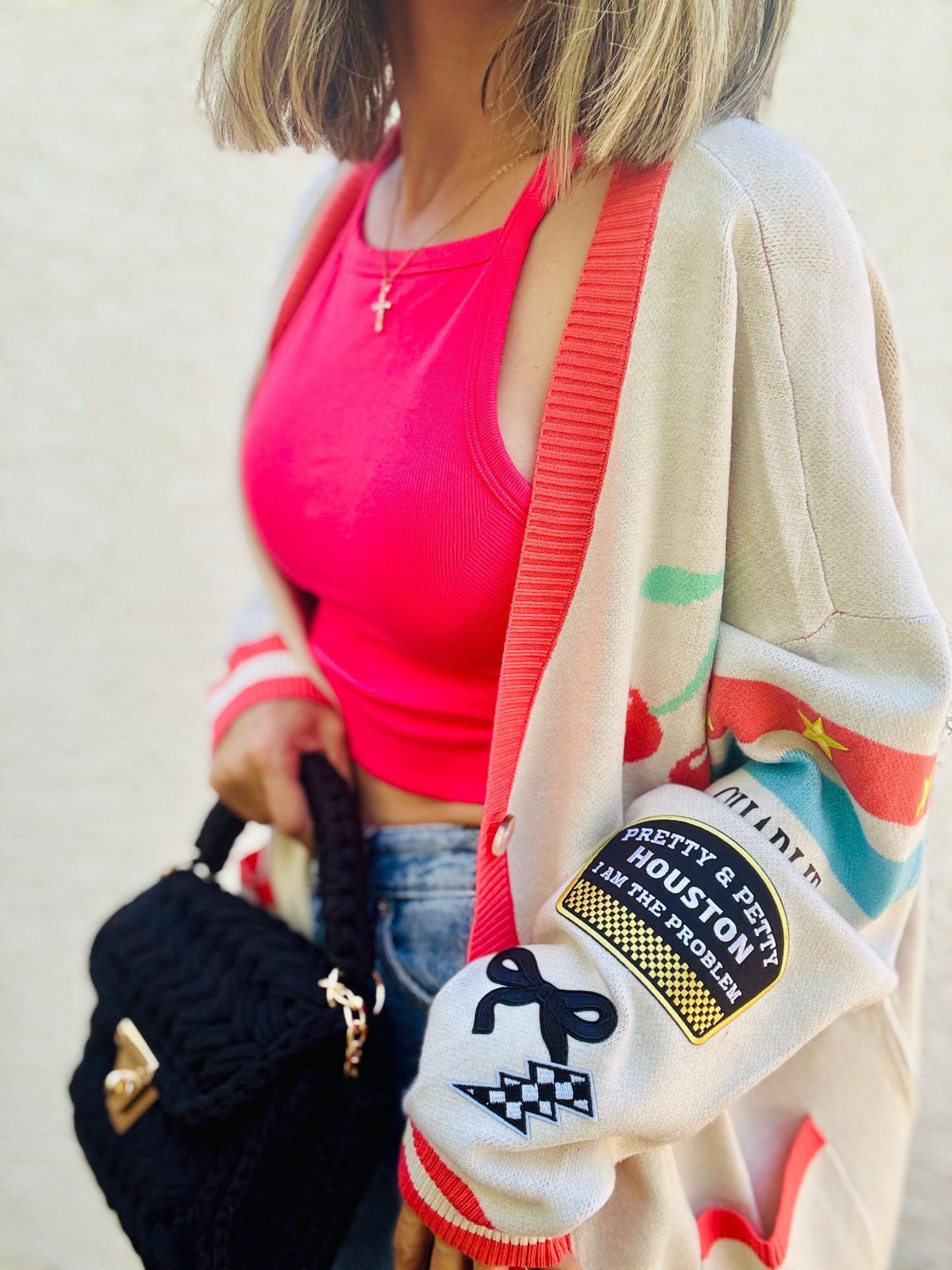 BBH-CHERRY BOMBER CARDIGAN + pretty petty Houston I’m the problem +￼ CM CO. babes