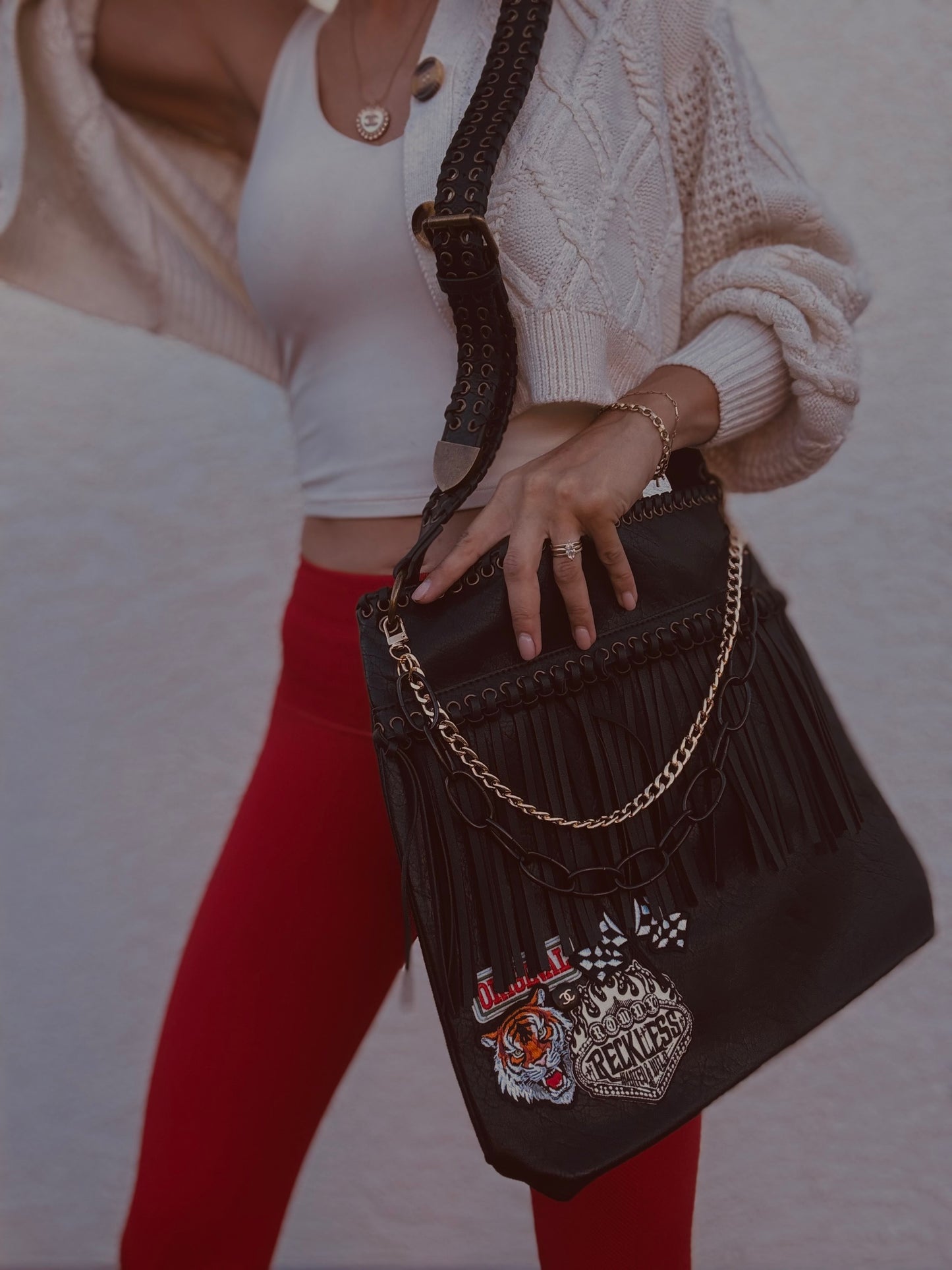 FF- rowdy reckless leave her wild + Authentic upcycled button- FRINGE +buckle CROSSBODY