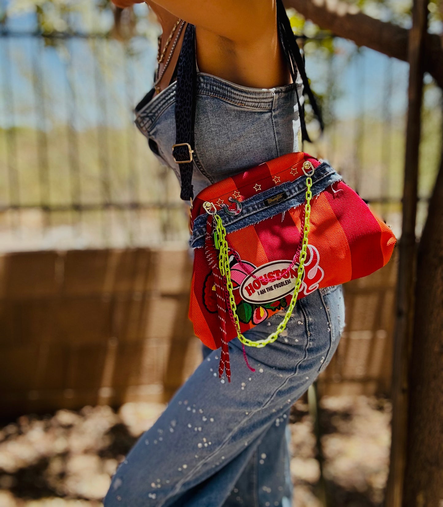 RG-houston I’m the problem wrangler denim patch work  +** magenta pink and orange stripe LIZZIE KISS CLUTCH￼** WITH STRAP