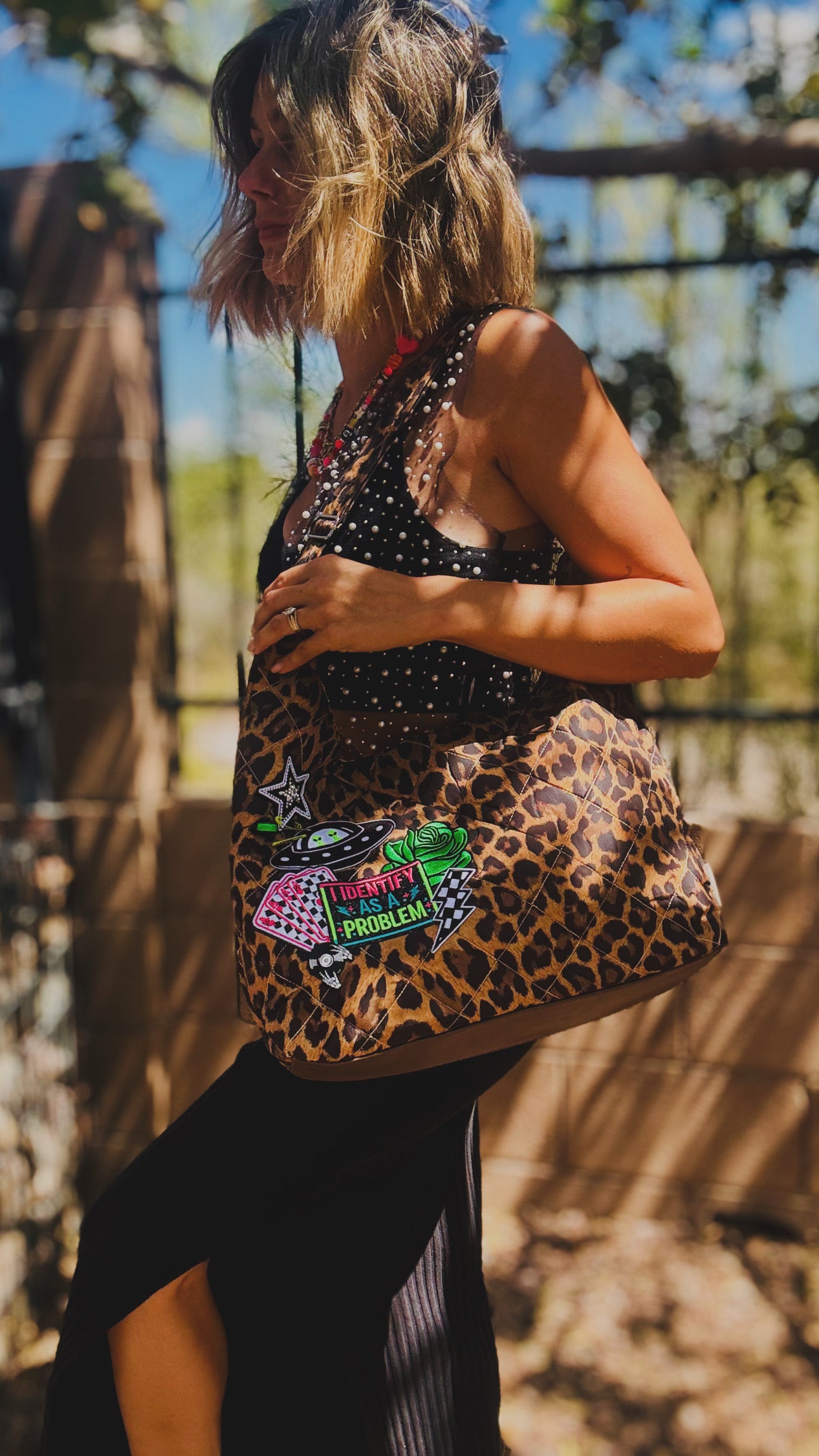 RTS-leopard aliens - Quilted puff nylon hobo adjustable tote strap