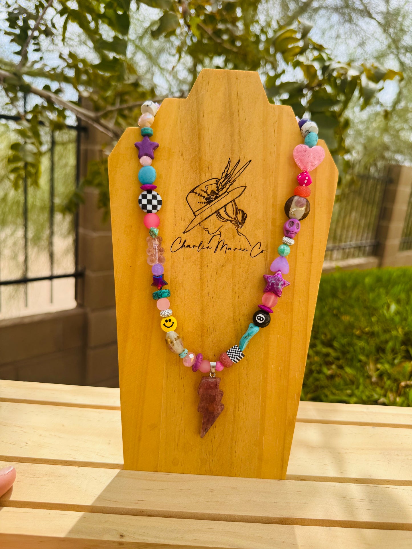 NC- Purple strawberry quartz Bolt+Handmade chunky beaded necklace
