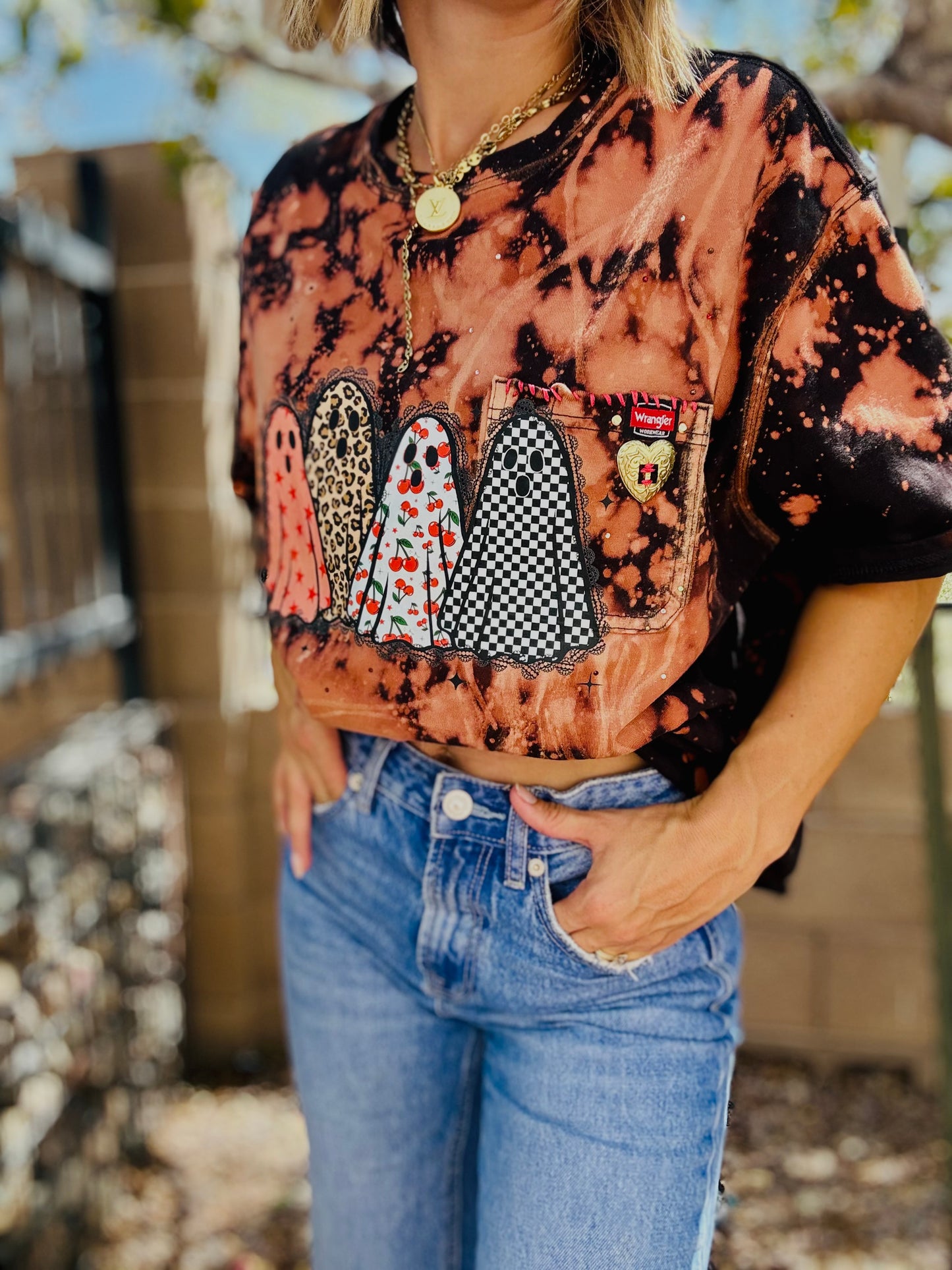 MD- printed GHOSTIES +HUSBAND POCKET SHIRT -2XL Fit more XL CUT CROP