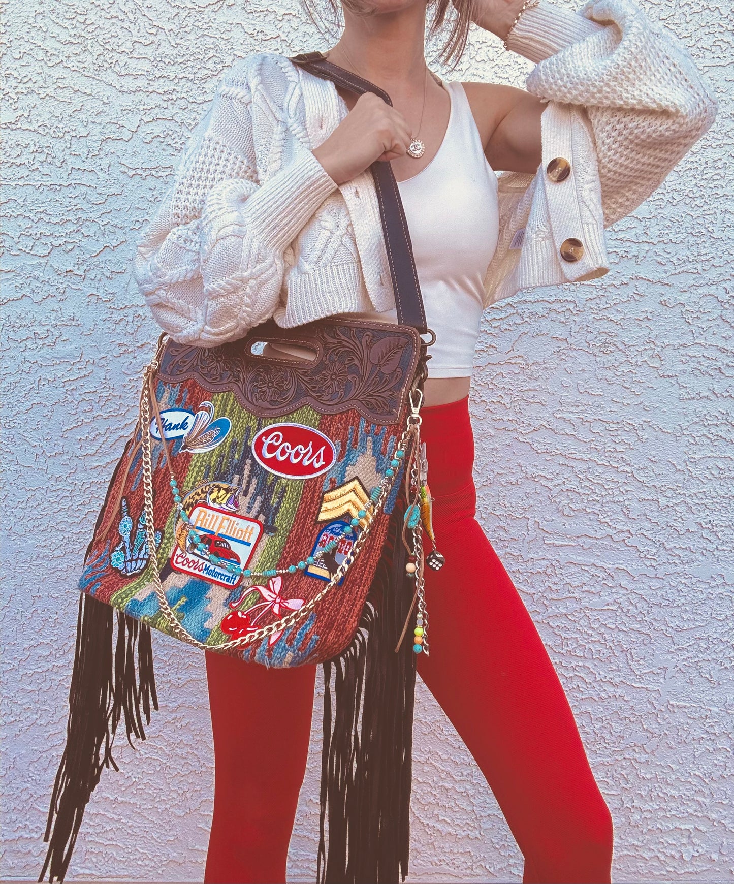 FF-patched and petty + GENUINE TOOLED LEATHER + Real cow hide fringe+ ONE OFF BADDIE