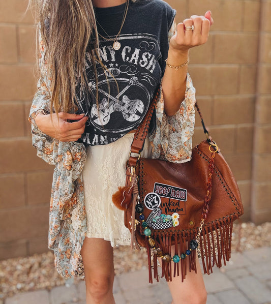 OO-yeehaw inked mama turquoise - COFFEE FRINGE crossbody strap included