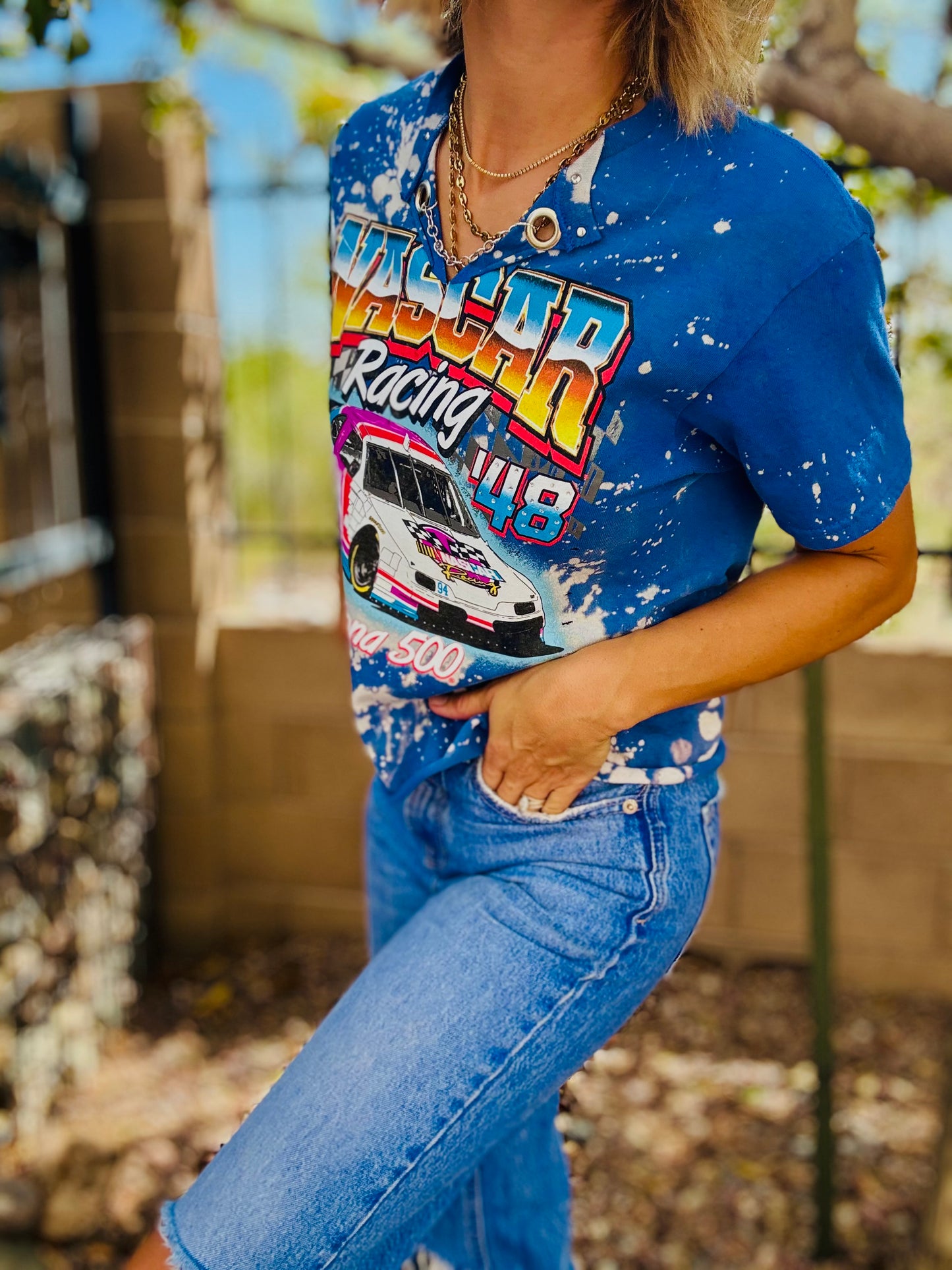 TEE- blue vintage race day  +DAD TEE small  cut off bottom chain collar