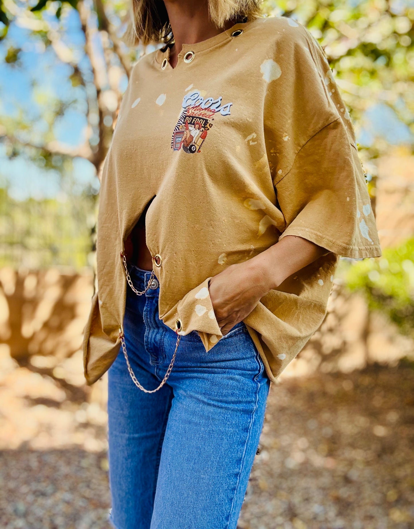 TEE-mama raised no fool Cowboy rodeo  - DAD TEE slit front chain work collar 2XL
