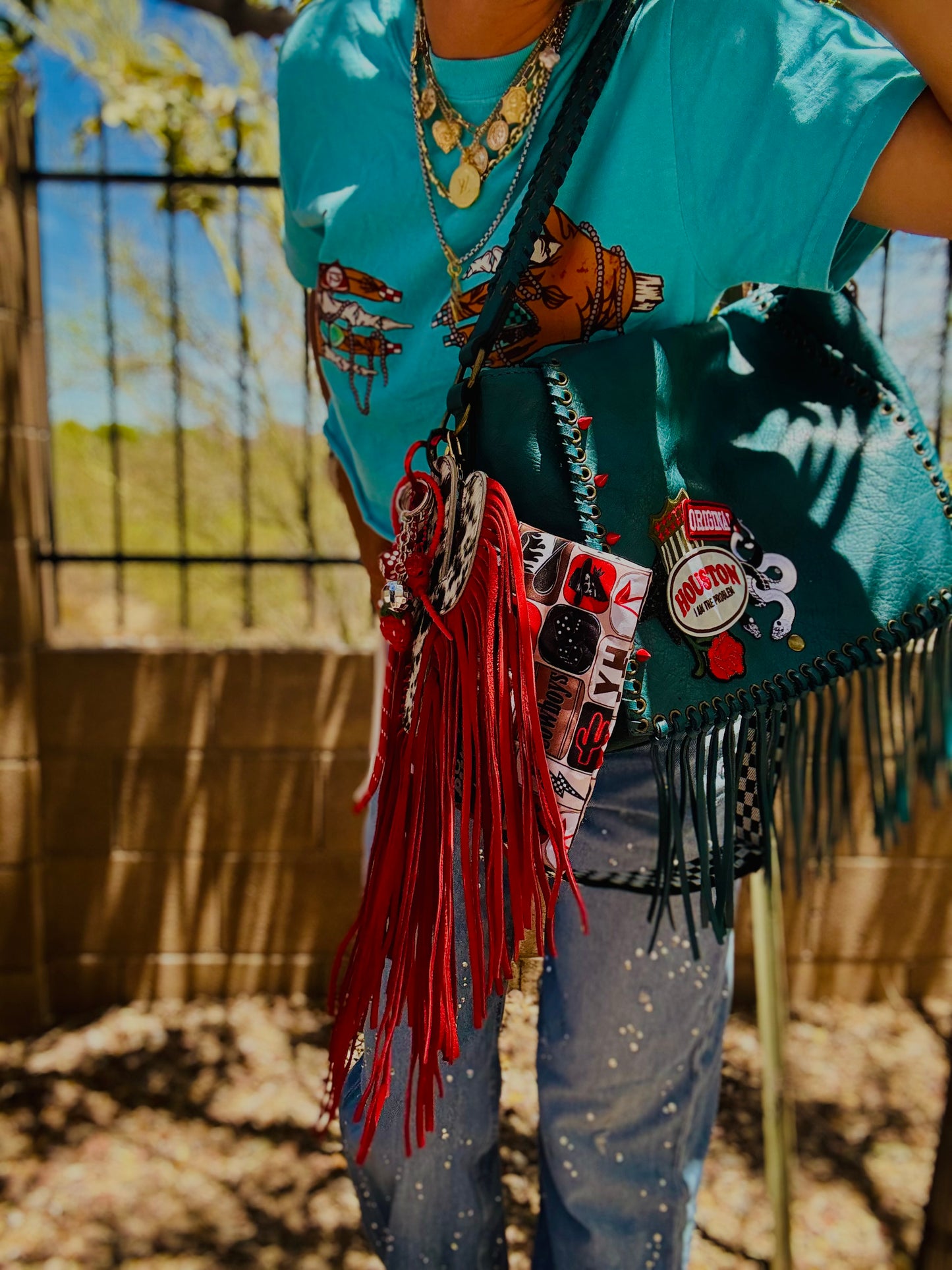 SAT-HOUSTON IM THW PROBLEM PRETTY AND EDGY- HANDMADE GENUINE COWHIDE CACTUS FRINGE- crossbody strap included** The Jerome**