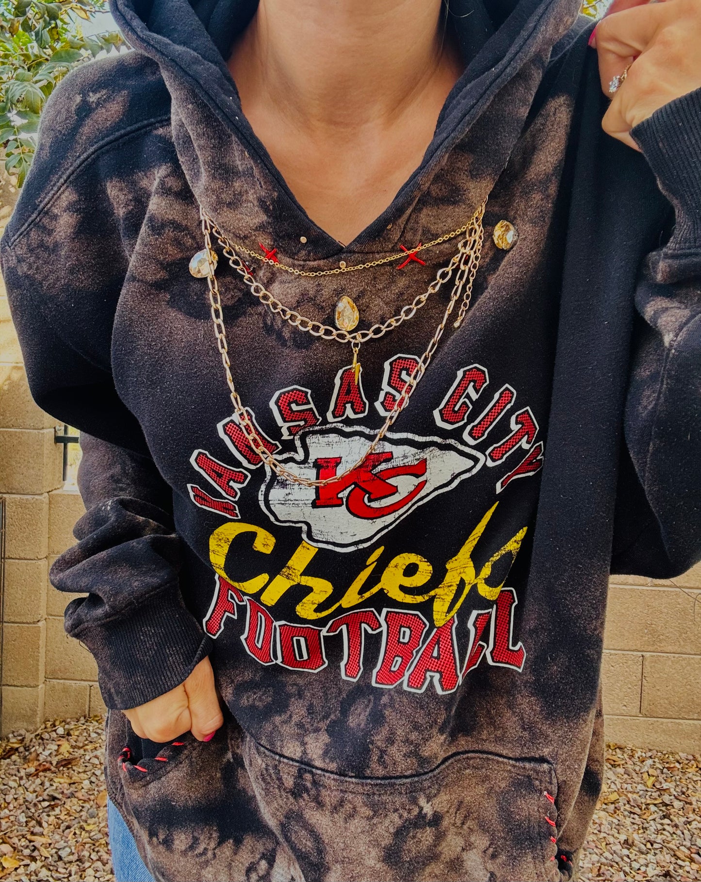 CD- NECKLACE HOODIE RED AND GOLD FOOTBALL BABE  - lace vintage wash+ Men’s unisex size MEDIUM- Cut off bottom band hem