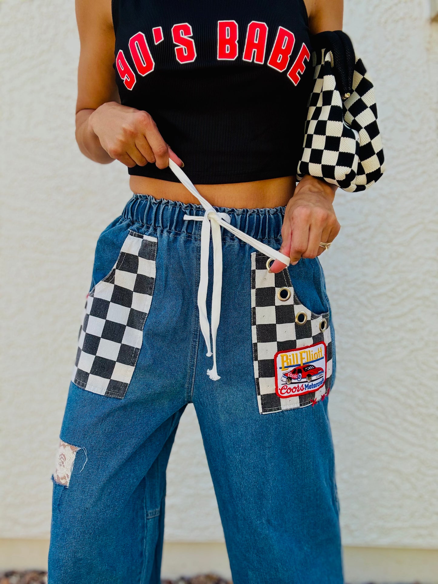 AUG- VINTAGE RACE LACE AND BANDANA REWORK WIDE LEG LIGHT DENIM- SIZE MEDIUM ELASTIC WAIST BAND AND DRAW STRING