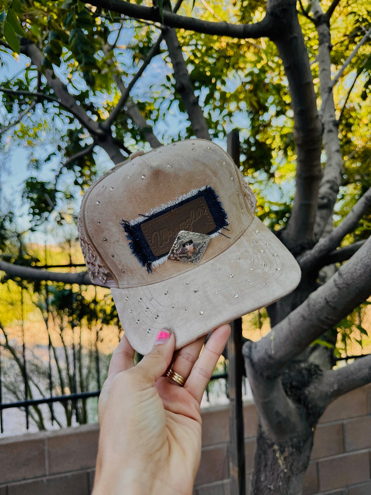 23-REIMAGINED DENIM PATCH WORK TRUCKER -hem label WITH CONCHOS -suede pannel with embroidery mesh back designs and rhinestones details SNAP BACK