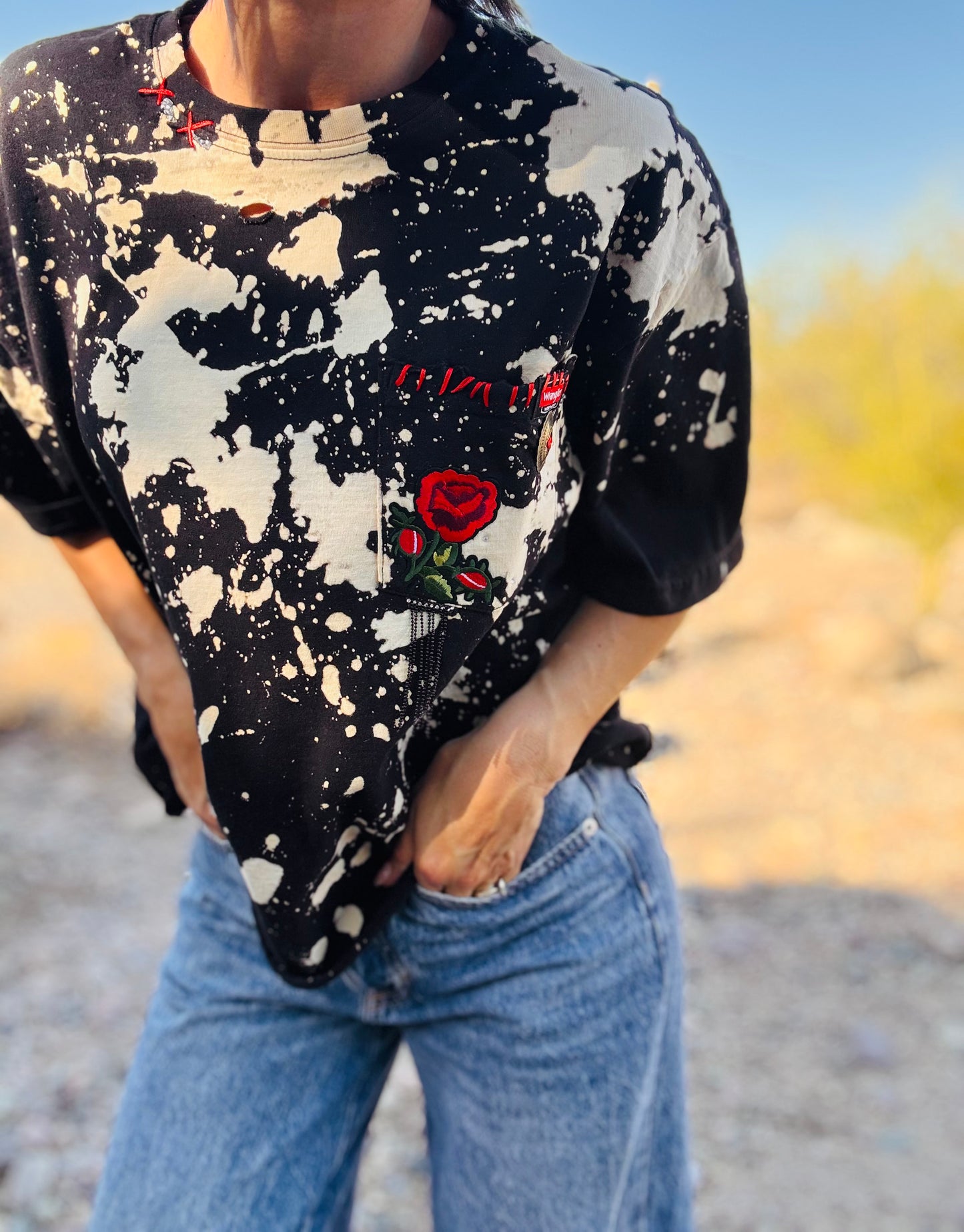 HD-red rose - black DISTRESSED POCKET SHIRT - MENS LARGE CUT