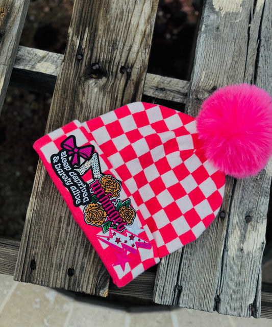 PB-LUX-Unhinged+sleep deprived -Checkered Hot pink  Beanie